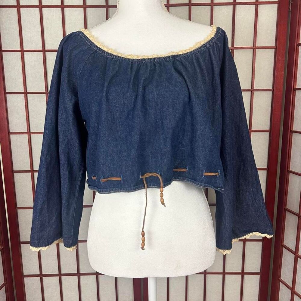 Vintage 90s Dark Denim Boho Hippie Western Cropped Blouse Mediun
